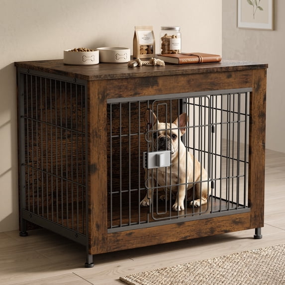 Ironovahome 27" Furniture-Style Dog Crate for Small Dogs, Heavy Duty Wooden Dog Cage with Double Doors & Safe Locks, Breathable Wire Mesh, Indoor Dog Kennel Pet Crate, Rustic Brown