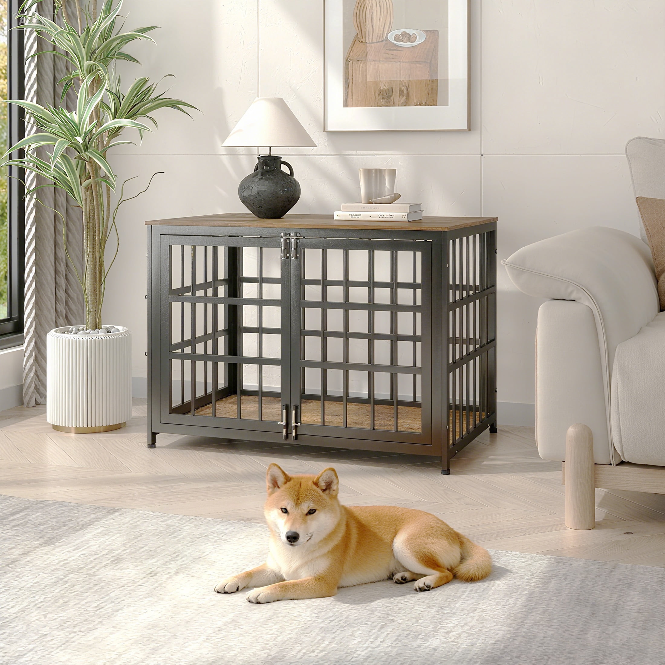 Ironovahome 32" Heavy Duty Dog Crate Furniture, Chew-Proof & Escape-Proof Wooden Dog Cage with Safe Locks & Double Doors, Indoor Dog Kennel Pet House for Small Dogs Up to 22lb, Brown
