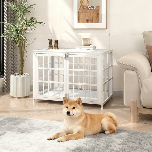 Ironovahome 32" Heavy Duty Dog Crate Furniture, Chew-Proof & Escape-Proof Wooden Dog Cage with Safe Locks & Double Doors, Indoor Dog Kennel Pet House for Small Dogs Up to 22lb, White