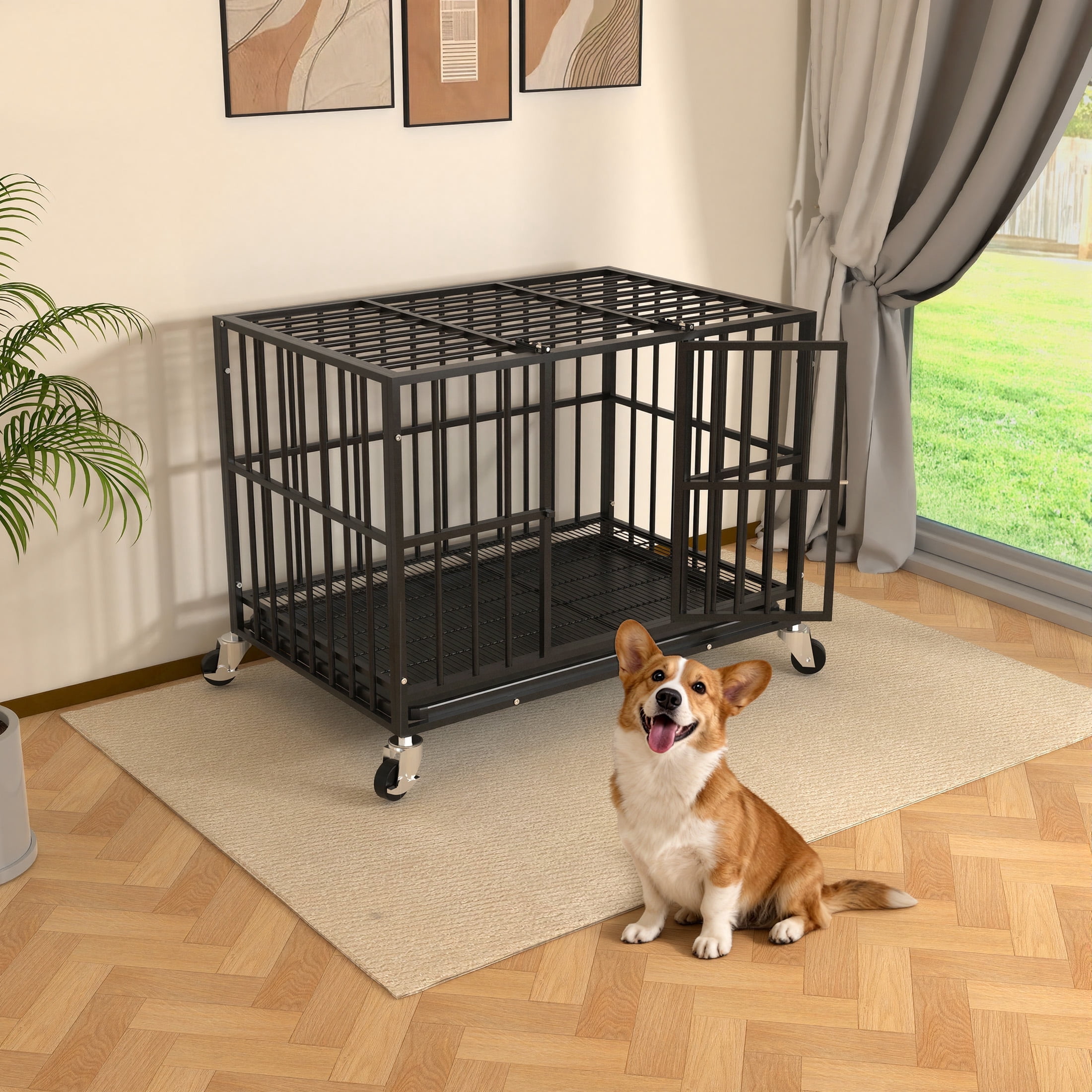 Ironovahome 38" Heavy Duty Dog Crate for Small Dog, Chew Proof Metal Dog Crate with Removable Tray & Lockable Wheels, Escape Proof Indestructible Small Dog Crate for High Anxiety Dogs