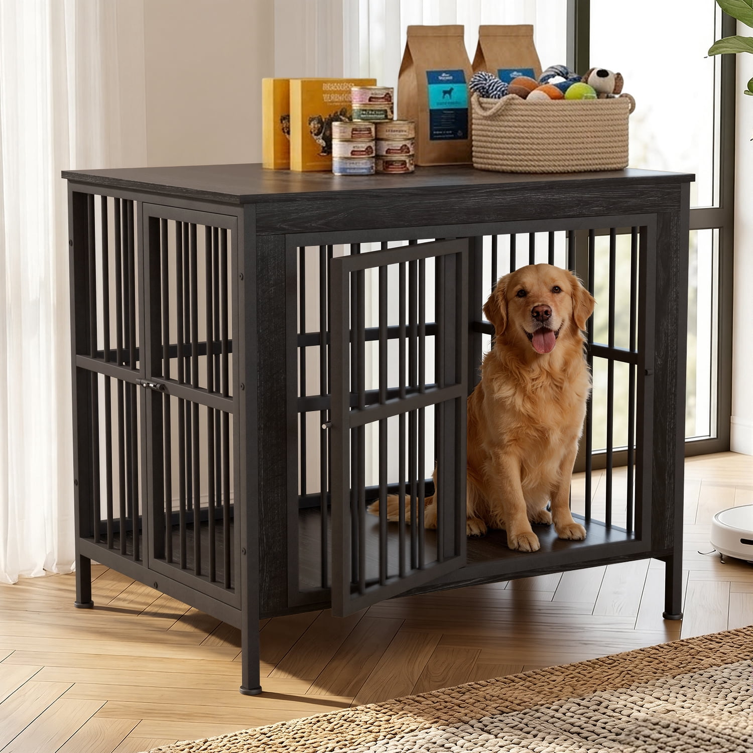 Ironovahome 40" Dog Crate Furniture for Medium/Large Dogs, Heavy Duty Wooden Dog Crate with Double Doors & Safe Locks, XL Large Indoor Dog Kennel Pet House, Black