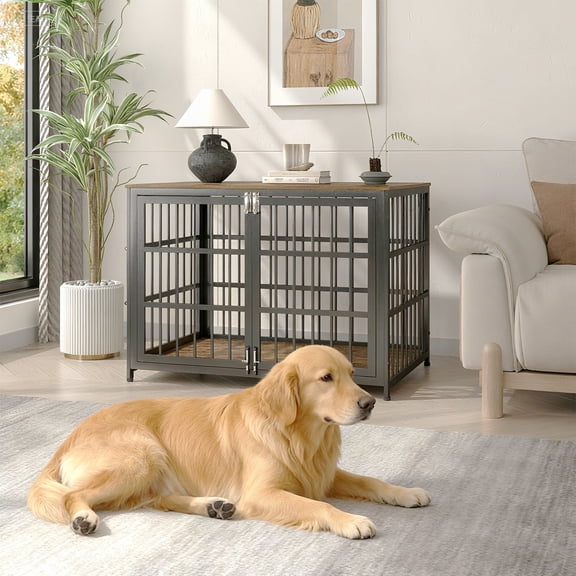 Ironovahome 42" Heavy Duty Dog Crate Furniture, Chew-Proof & Escape-Proof Wooden Dog Cage with Safe Locks & Double Doors, XL Indoor Dog Kennel Pet House for Large Dogs Up to 85lb, Brown