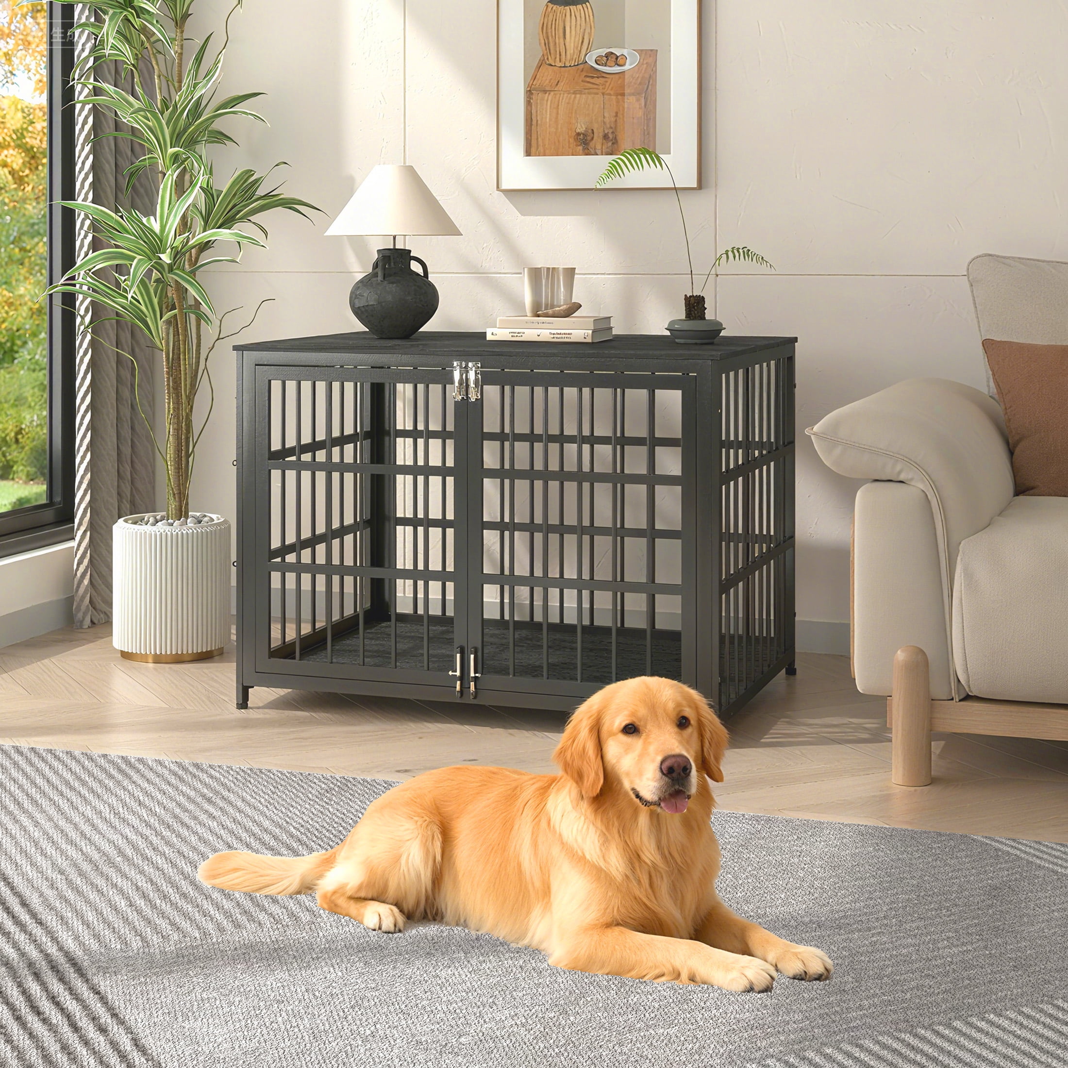 Ironovahome 42" Heavy Duty Dog Crate Furniture, Chew-Proof & Escape-Proof Wooden Dog Cage with Safe Locks & Double Doors, XL Indoor Dog Kennel Pet House for Large Dogs Up to 85lb, Black