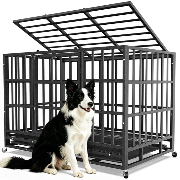 Ironovahome 42" Heavy Duty Dog Crate for Medium Dogs, Indestructible Chew-Proof Escape-Proof Steel Dog Cage, XL Large Dog Kennel with Locking Wheels & Removable Tray for Indoor Use
