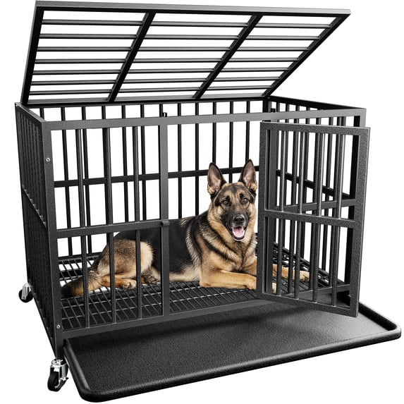 Ironovahome 42" Heavy Duty Dog Crate, Steel Indestructible Escape Proof Dog Cage for Medium Dogs, Large Dog Crate with Wheels & Removable Tray, Black