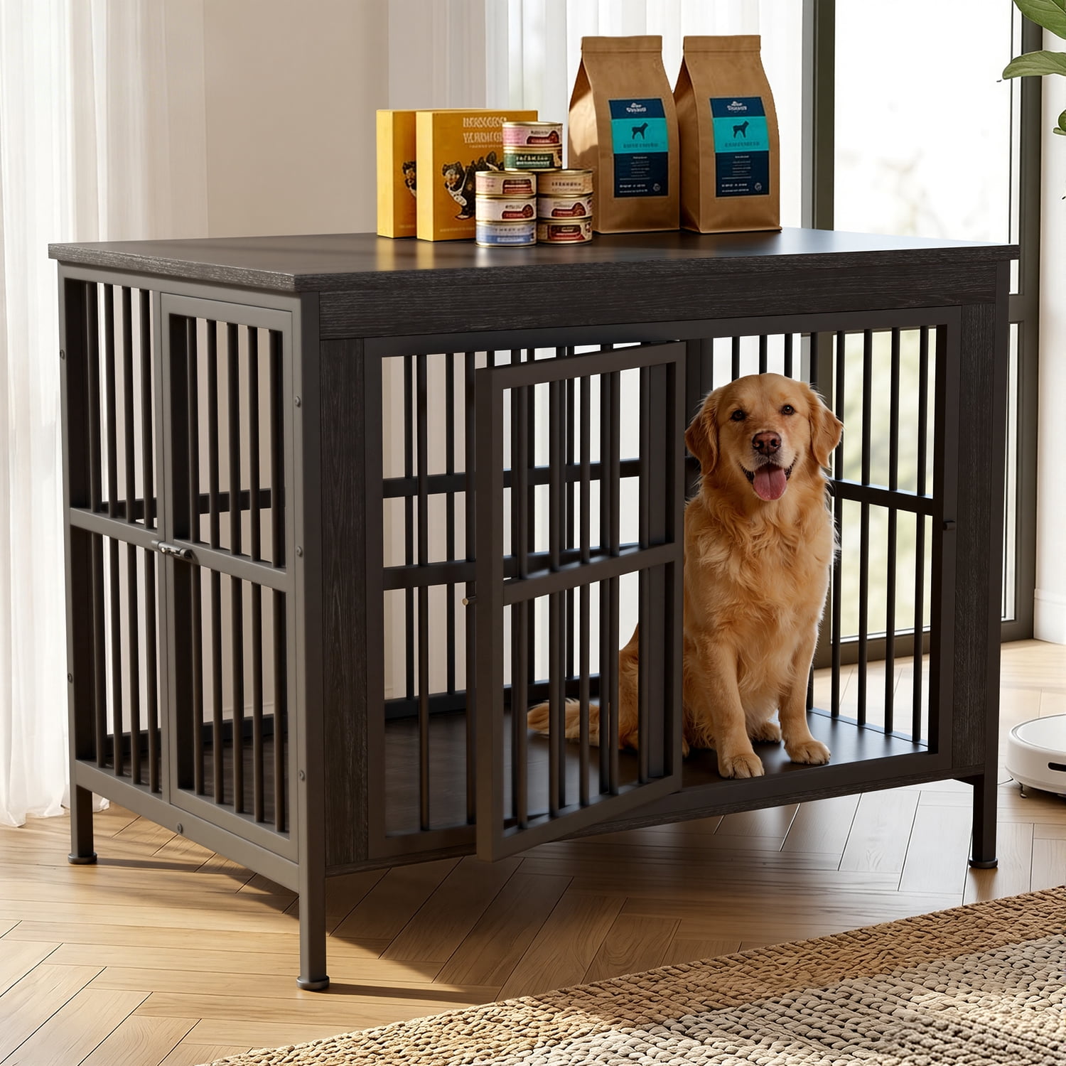 Ironovahome 45" Dog Crate Furniture for Medium/Large Dogs, Heavy Duty Wooden Dog Crate with Double Doors & Safe Locks, XL Large Indoor Dog Kennel Pet House, Black
