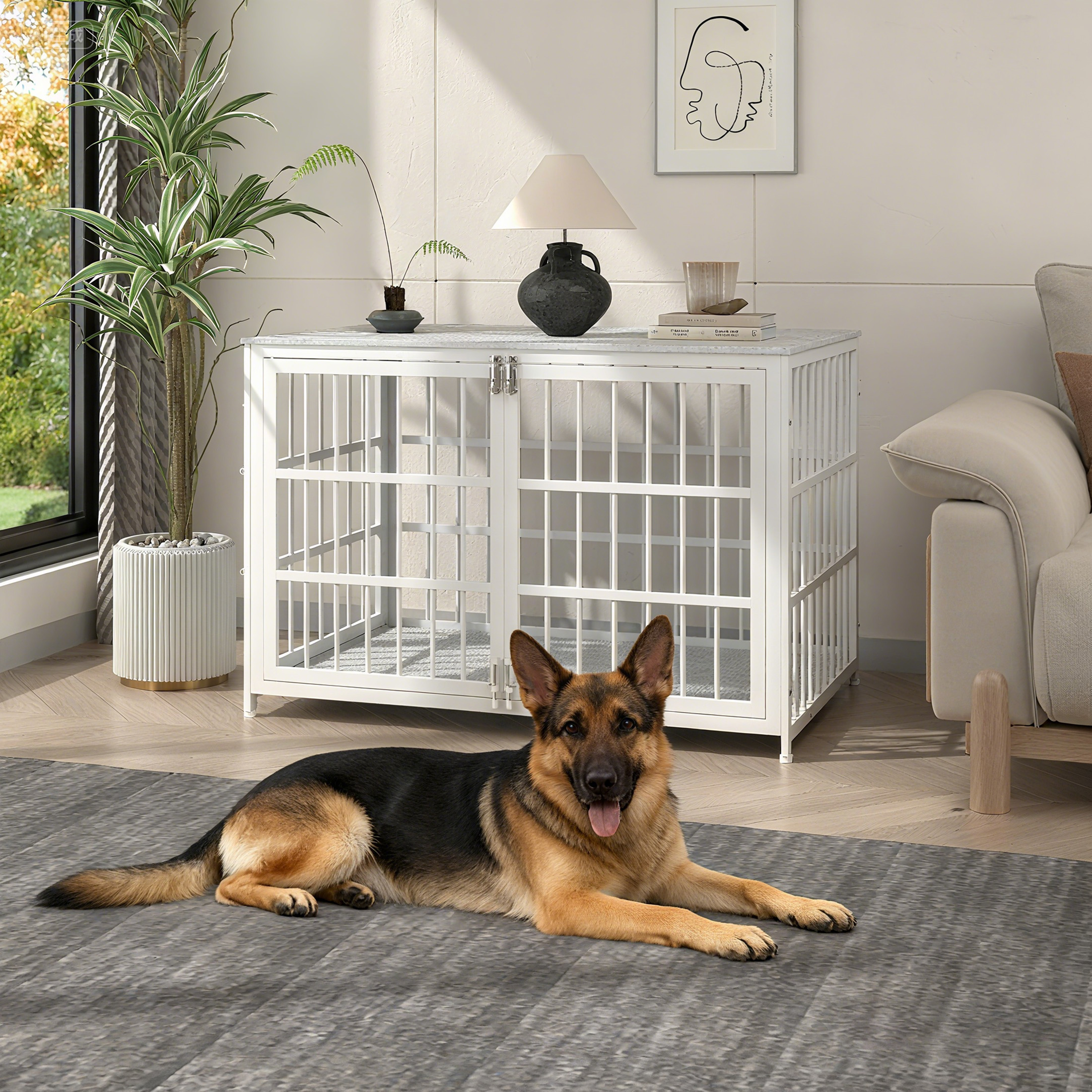 Ironovahome 48" Heavy Duty Dog Crate Furniture, Chew-Proof & Escape-Proof Wooden Dog Cage with Safe Locks & Double Doors, XL Indoor Dog Kennel Pet House for Large Dogs Up to 100lb, White