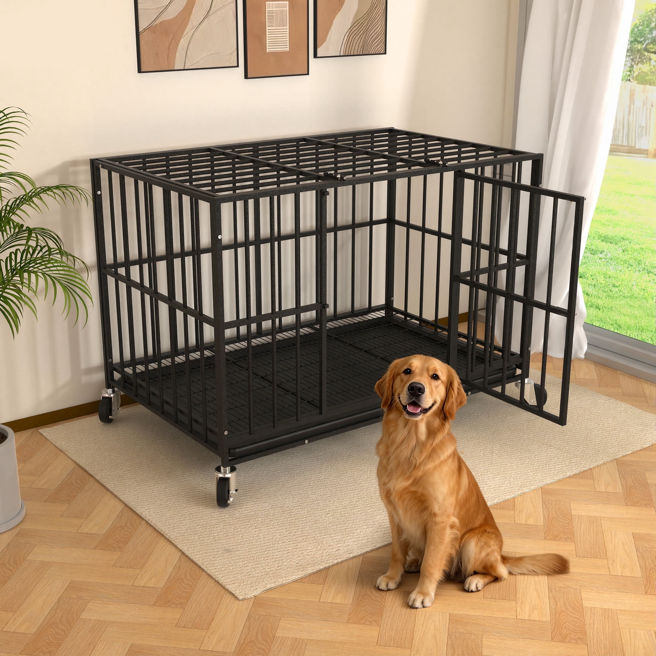 Ironovahome 48" Heavy Duty Dog Crate for Large Dog, Indestructible XL Large Dog Crate, Chew Proof Metal Dog Crate with Removable Tray & Lockable Wheels, Escape Proof for High Anxiety Dogs