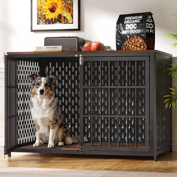 Ironovahome 48" Heavy Duty Dog Crate for Large Dogs, Dog Crate Furniture with Double Doors & Safe Locks, Chew-Proof & Escape-Proof Metal Dog Cage, XL Large Indoor Dog Kennel, Rustic Brown