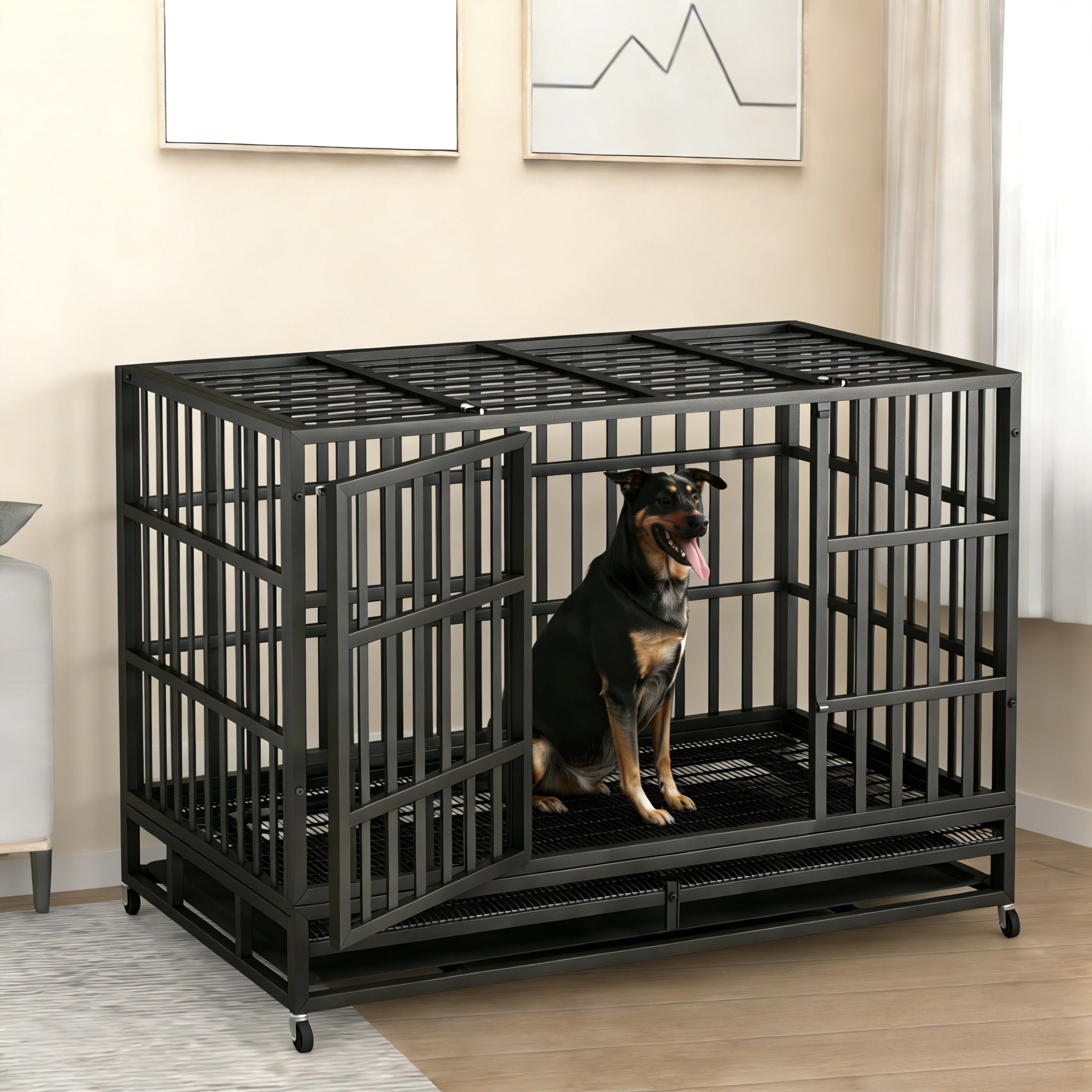 Ironovahome 48" Heavy Duty Dog Crate for Large Dogs, Indestructible Chew-Proof Escape-Proof Steel Dog Cage, XL Large Dog Kennel with Locking Wheels & Removable Tray for Indoor Use