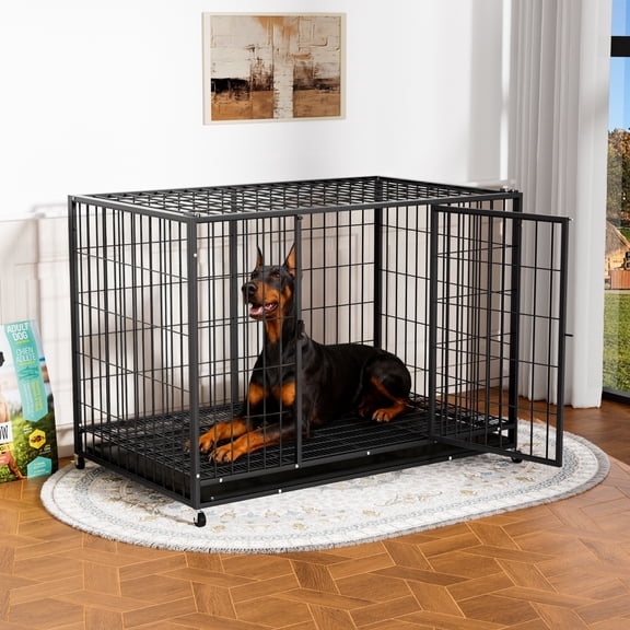 Ironovahome 48" Heavy Duty Dog Crate for Large Dogs, Indestructible Metal Dog Cage with Removable Tray, Double-Door & 360° Swivel Wheels, Chew-Proof Escape-Proof XL Large Indoor Dog Kennel