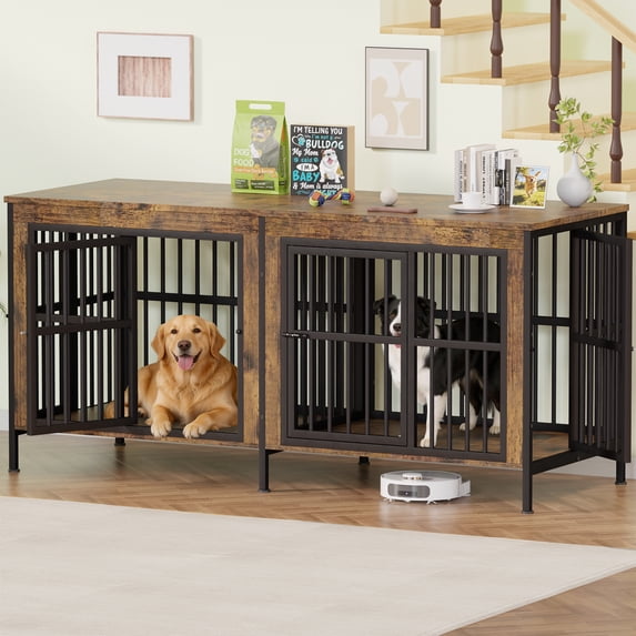 Ironovahome 78" Dog Crate Furniture for 2 Large Dogs with Sturdy Removable Divider and Double Doors, XXL Extra Large Indoor Dog Kennel, Thick Heavy Duty Wooden Dog Cage, Brown
