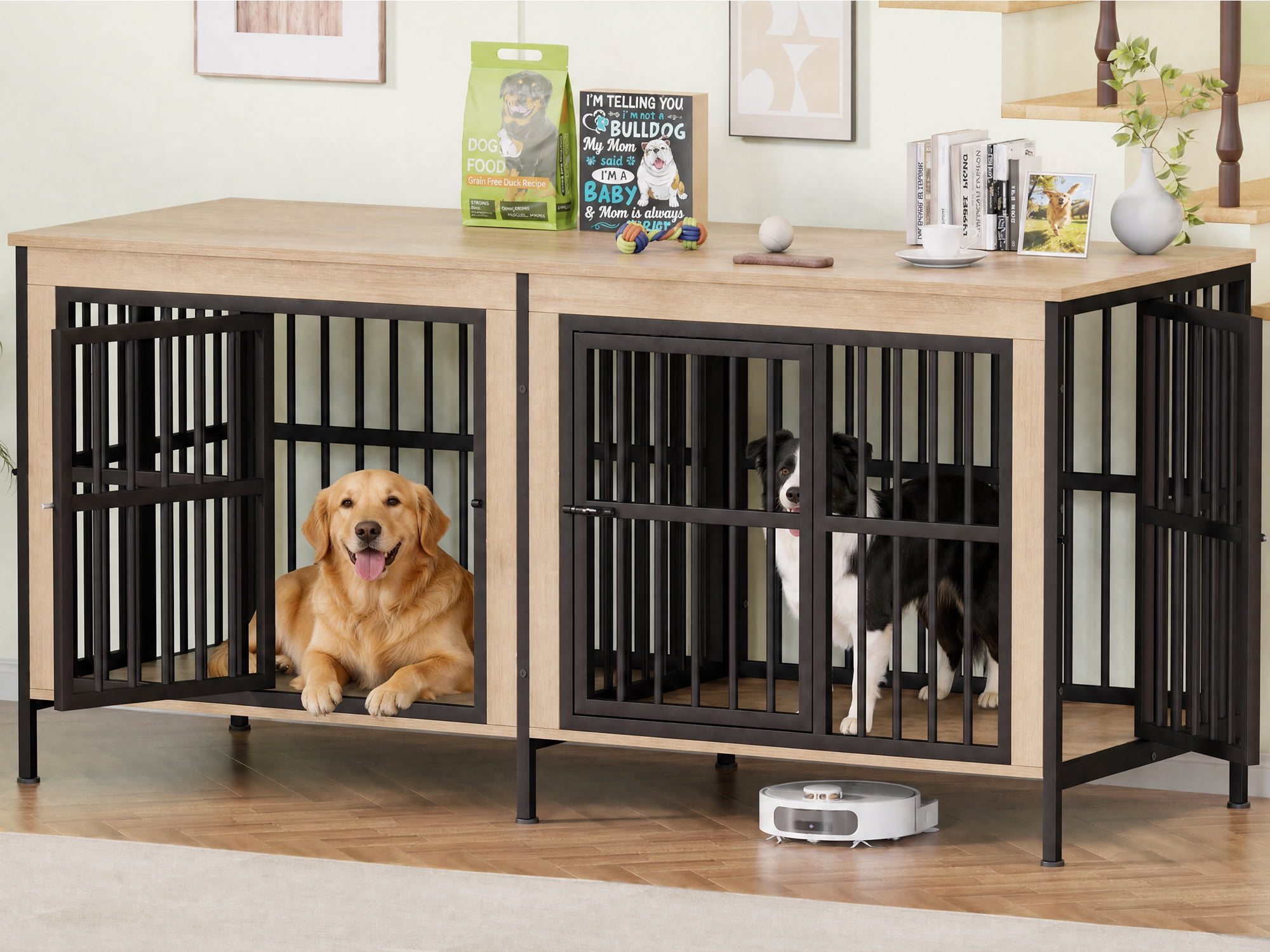 Ironovahome 78" Dog Crate Furniture for 2 Large Dogs with Sturdy Removable Divider and Double Doors, XXL Extra Large Indoor Dog Kennel, Thick Heavy Duty Wooden Dog Cage, Ivory