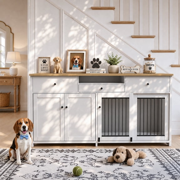 Ironovahome 78" Dog Crate Furniture for Medium/Large Dogs, with Drawer & Storage Cabinets, Heavy Duty Thick Wooden Dog Cage, Large Indoor Dog Kennel Pet House, White