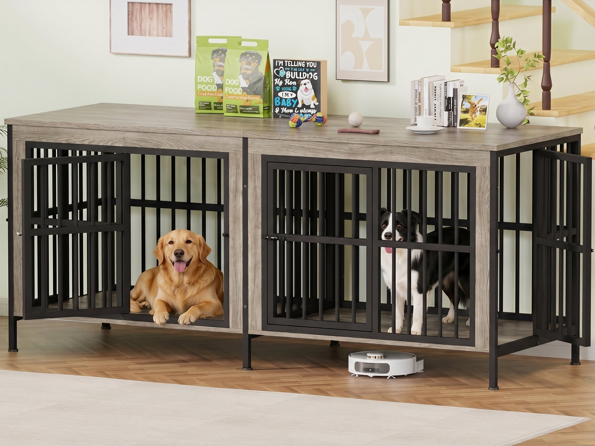 Ironovahome 88" Dog Crate Furniture for 2 Large Dogs with Sturdy Removable Divider and Double Doors, XXL Extra Large Indoor Dog Kennel, Thick Heavy Duty Wooden Dog Cage, Ivory