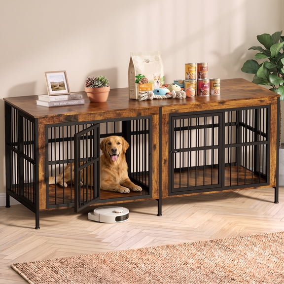 Ironovahome 88" Dog Crate Furniture for 2 Large Dogs with Sturdy Removable Divider and Double Doors, XXL Extra Large Indoor Dog Kennel, Thick Heavy Duty Wooden Dog Cage, Brown