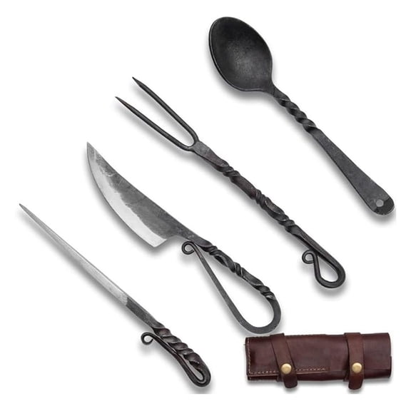 Ironsmith Co. Hand-Forged Medieval Dining Set | Includes High Carbon Steel Knife, Fork, Spoon And Skewer | Great for Costumes or Re-Enactments | Leather Storage Case Included