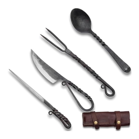 Ironsmith Co. Hand-Forged Medieval Dining Set | Includes High Carbon Steel Knife, Fork, Spoon And Skewer | Great for Costumes or Re-Enactments | Leather Storage Case Included