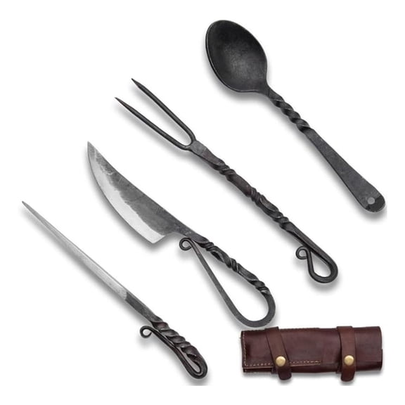 Ironsmith Co. Hand-Forged Medieval Dining Set | Includes High Carbon Steel Knife, Fork, Spoon And Skewer | Great for Costumes or Re-Enactments | Leather Storage Case Included