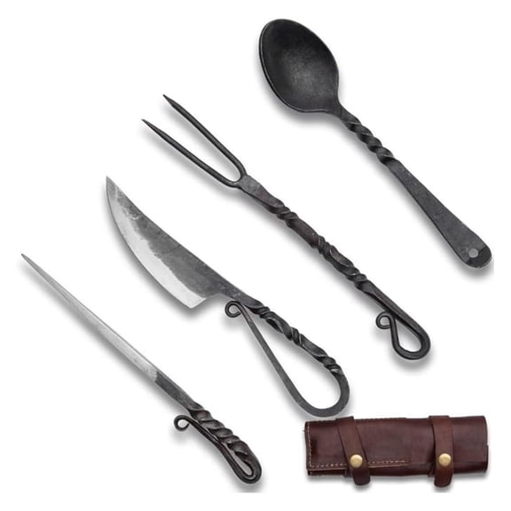 Ironsmith Co. Hand-Forged Medieval Dining Set | Includes High Carbon Steel Knife, Fork, Spoon And Skewer | Great for Costumes or Re-Enactments | Leather Storage Case Included