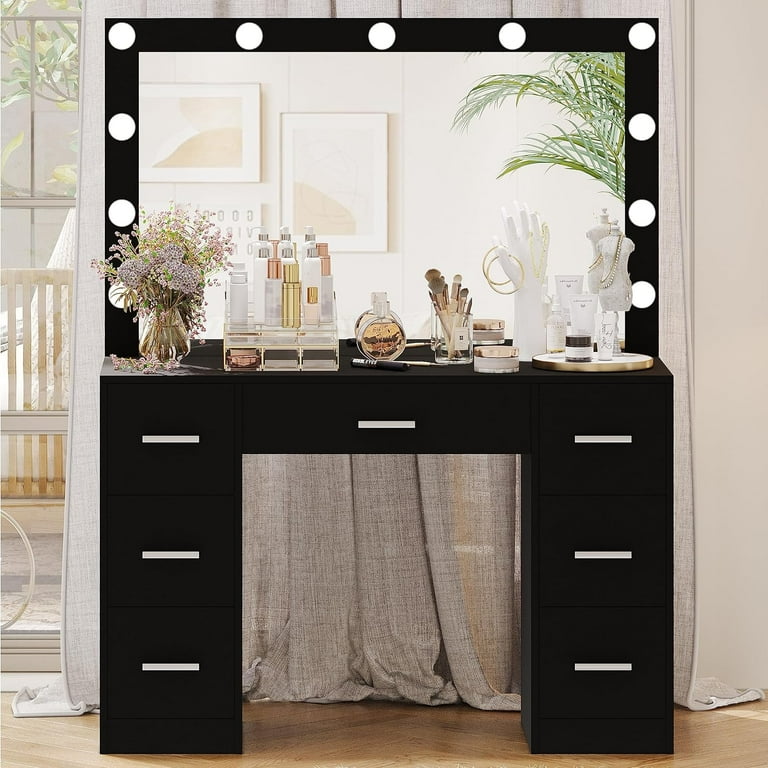Irontar Vanity Table Makeup Table with Lighted Mirror 3 Color Lighting Modes Brightness Adjustable Dressing Table with Drawers Vanity Desk for