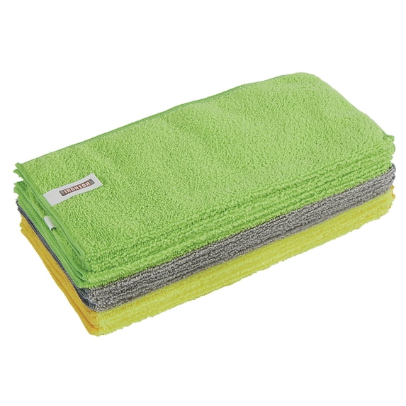 Ironton Microfiber Rag Wipe Towels, 12-Pk., 12in. x 12in., Lint Free, Auto Detailing, Cleaning Cloths, Yellow, Gray, Green, Washable, Ultra Absorbent