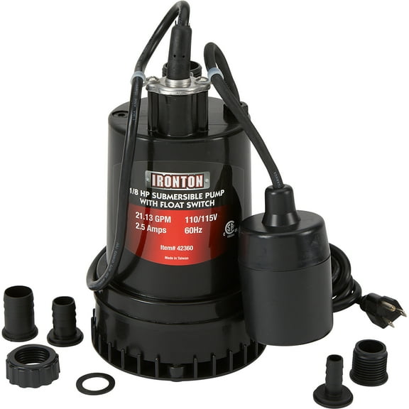 Ironton Submersible Water Pump with Float Switch and Auto On/Off, 1268 GPH, 1/8 HP, 1in. Port