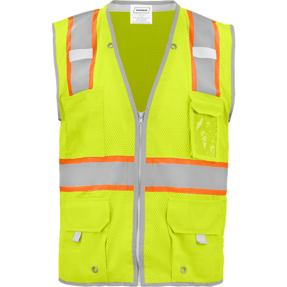 Ironwear 1241 Class 2 Safety Vest w/ Zipper, Radio Clips & Badge Holder