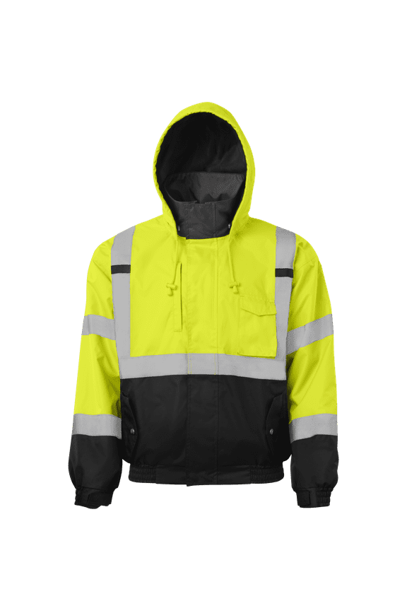 6400 Hi-Visibility Reflective Bomber Safety Jacket with Black Bottom and Hidden Hood | ANSI Class 3