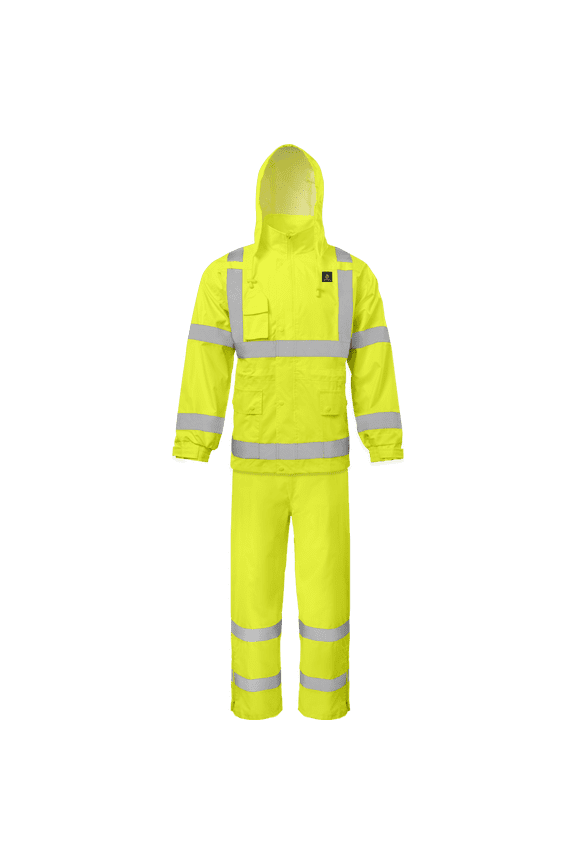 9508FR Hi-Visibility Flame Retardant 100% Polyester 2-Piece Rain Suit | Reflective | ANSI Class 3 (Lime, Large)