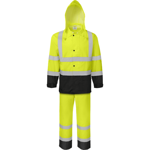 Ironwear 9510 Hi-Visibility 2 Pieces Rain Jacket and Pants with Black Bottom Storm Flap and Drawstring Closure