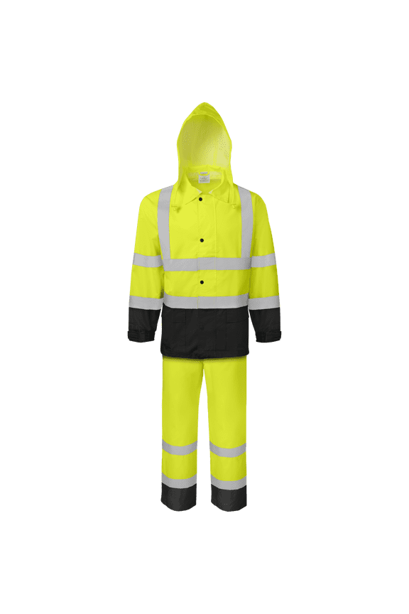 9510 Hi-Visibility 2 Pieces Rain Jacket and Pants with Black Bottom Storm Flap and Drawstring Closure