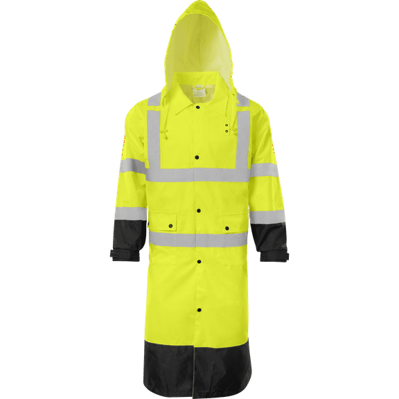 Ironwear 9511 | Class 3 49” Black Bottom Raincoat w/ Tuckaway Hood & Black Soil Shield