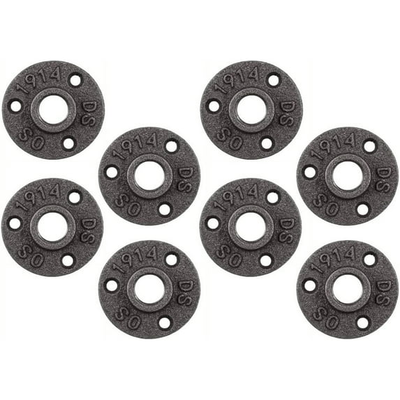 Ironwerks Designs 1/2" Floor Flange Malleable Cast Iron Pipe Threaded Industrial Fittings, 3 Holes, Black, Pack of 8