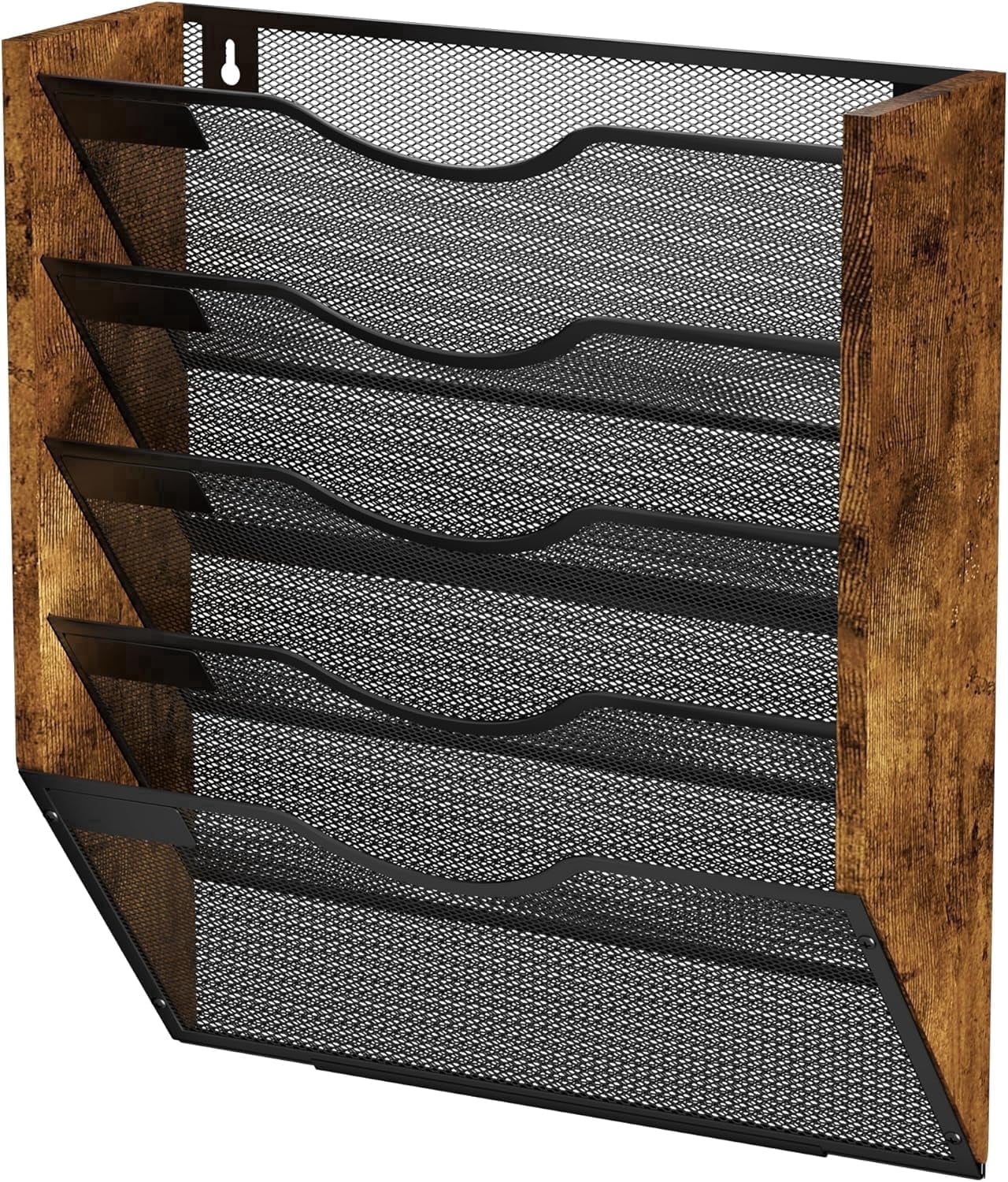 X-COSRACK 5-Tier Ironwood Hanging Wall File Organizer, Mesh Mail Holder with Nametag Labels, Space-Saving Wall Mount Magazine Rack for Office & Home, Black