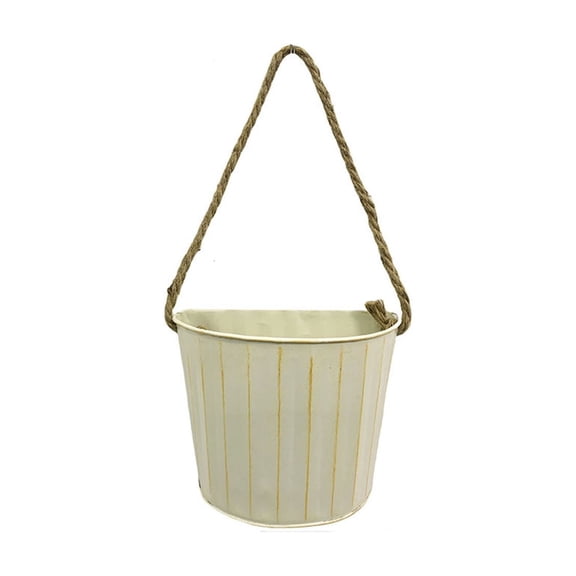 Ironwork Villa White Iron Semi-Circular Flower Pot with Rope Handle for Hanging Decoration and Storage