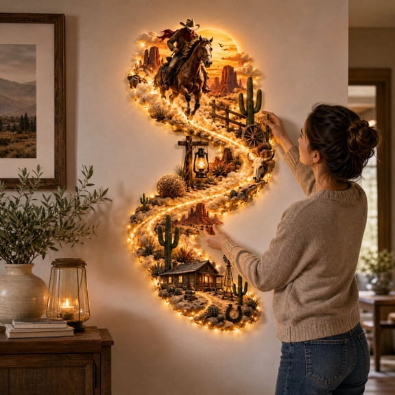 Ironwork Western Cowboy Magic Trail Wall Light, Rustic LED Wall Decor with Cowboy Design for Home Bedroom and Man Cave