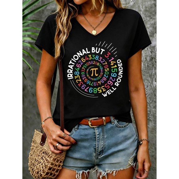 Irrational But Well Rounded Pi Day Math Teacher Student Geek V Neck T-Shirt Cotton Women's V Neck Graphic Tee, Casual Short Sleeve Shirt,Vacation Outfit