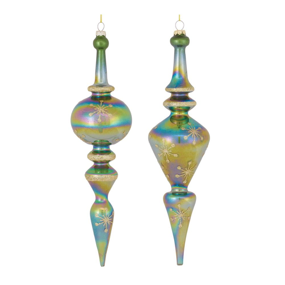 Melrose Iridescent Green and Gold Glass Drop Ornaments Set