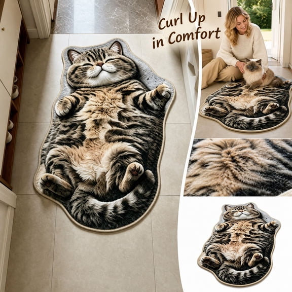 Irregular Animal Sleeping Cat Area Rug, 3D Realistic Cat Pattern Door Mat, Non‑Slip Floor Mat for Entryway Bedside Bedroom Indoor Home Ornament