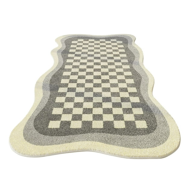 Irregular Area Rug, 23.6x63Inch, A Modern Simple Decorative Carpet Printed with Green White Checkerboard Pattern, Large Area Non-Slip Special-Shaped Wavy Mat for Living Room Nursery