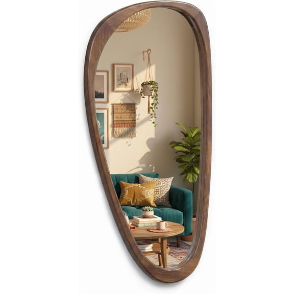 Irregular Asymmetrical Wall Mirror 48"24" with Solid Wood Frame, Sculptural Mid-Century Modern Decorative Full-Length Wall Mirror for Living Room, Entryway & Bedroom