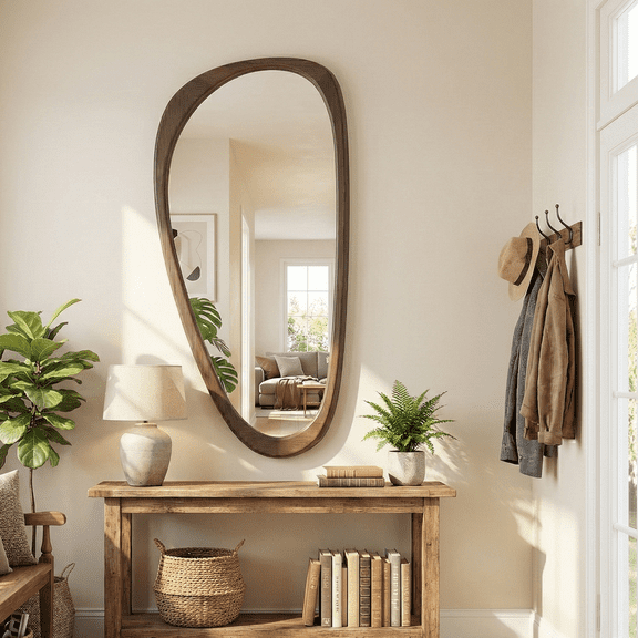 Irregular Asymmetrical Wall Mirror 48"24" with Solid Wood Frame, Sculptural Mid-Century Modern Decorative Full-Length Wall Mirror for Living Room, Entryway & Bedroom