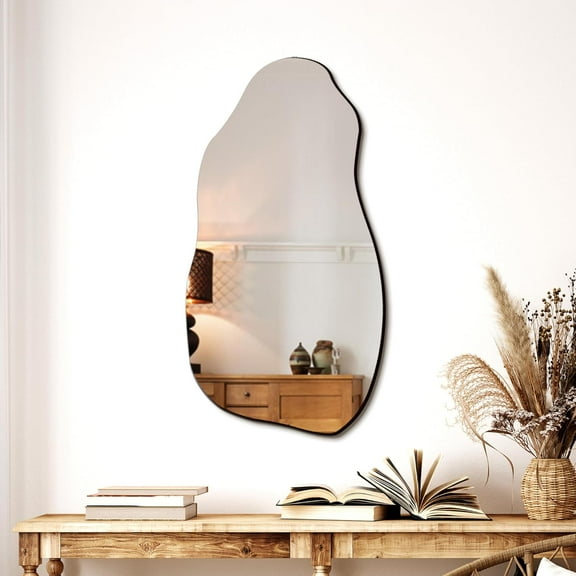 Irregular Asymmetrical Wall Mirror for Living Room Bathroom Entryway, Modern Decorative Mirror Hanging (Hook Style, 32'' x 18'')