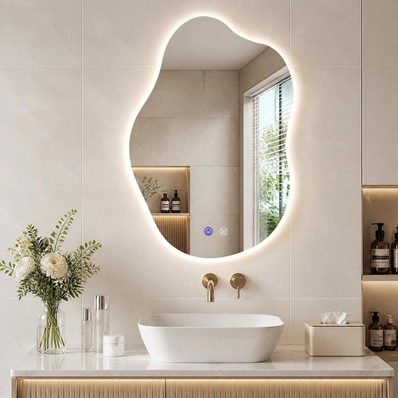 Irregular Backlit LED Bathroom Mirror with Lights, 30" H x 20" W Asymmetrical Cloud Led Lighted  Mirror for Wall, Anit-Fog, 3 Colors Stepless Dimmable(Horizontal/Vertical)