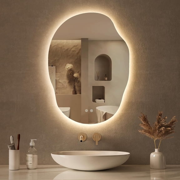 Irregular Backlit Mirror Bathroom 25x35 Inch, Asymmetrical LED Bathroom Mirror with Lights, Fogless, Dimmable, 3 Color Changing, Horizontal/Vertical