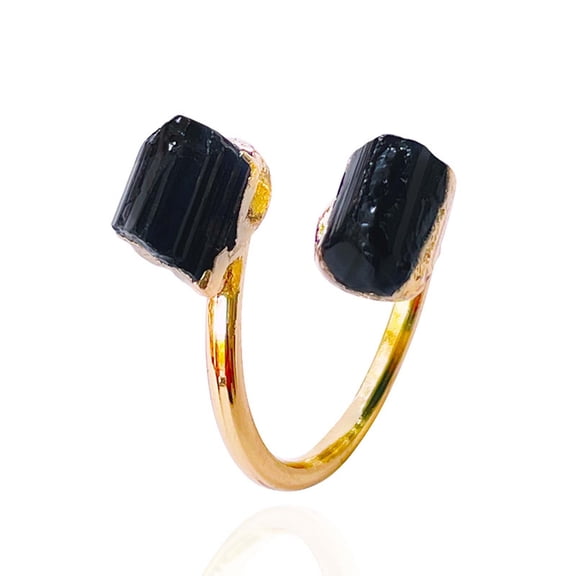 Irregular Black Rough Stone Open Golden Handmade Finger Jewelry Adjustable Size for Women Men