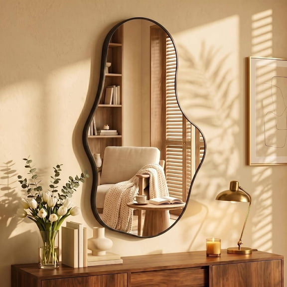 Irregular Cloud-Shaped Wall Mirror, 22" x 36", Brushed Aluminum Frame, Tempered Glass