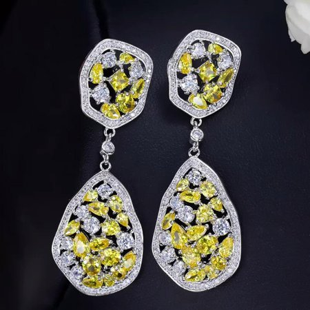 Irregular Design Premium Cubic Zirconia White Gold Plated Women Long Drop Yellow Earring[n933]