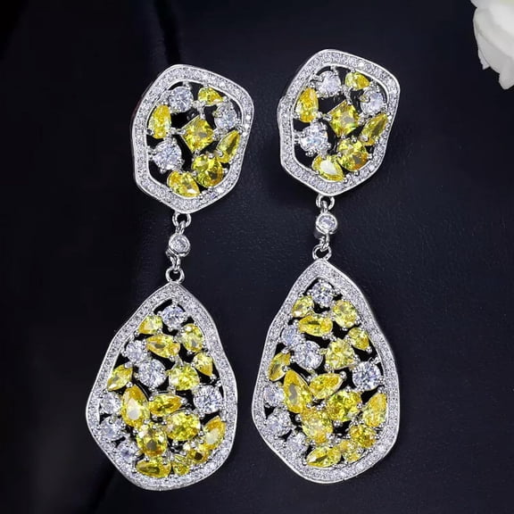 Irregular Design Premium Cubic Zirconia White Gold Plated Women Long Drop Yellow Earring[n933]